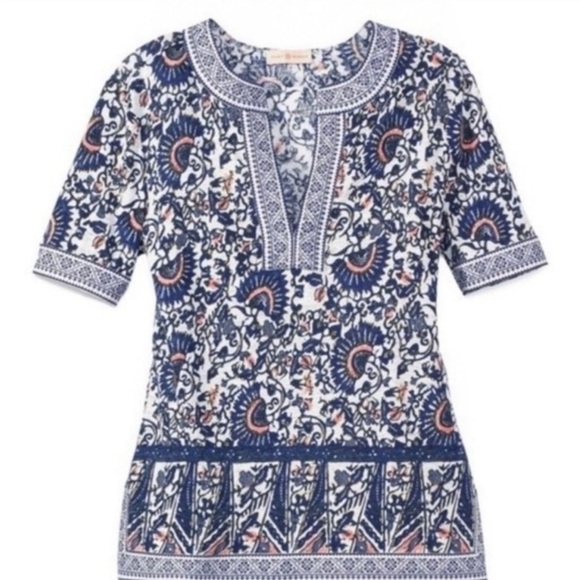 Tory Burch Brinda Print Linen V Neck Tunic Top S - Picture 9 of 10